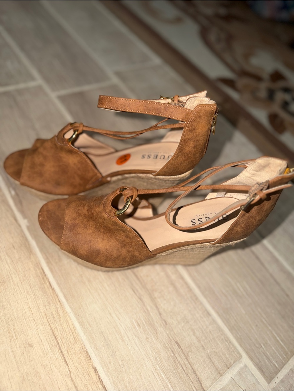 Women's Guess Tan Suede Wedge Sandals with Ankle Strap
